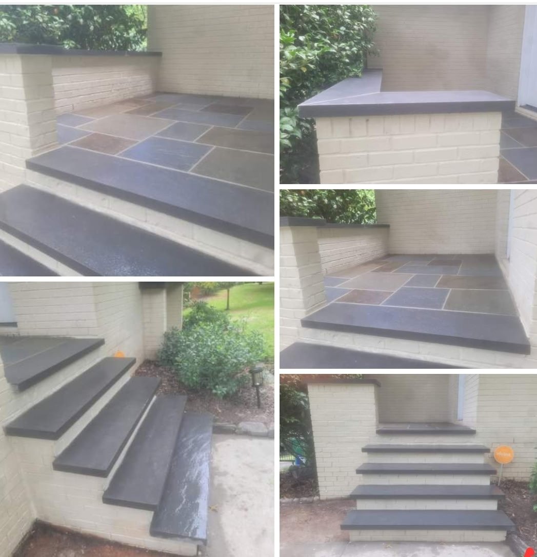 Multiple views of outdoor steps and platform with dark gray non-slip treads